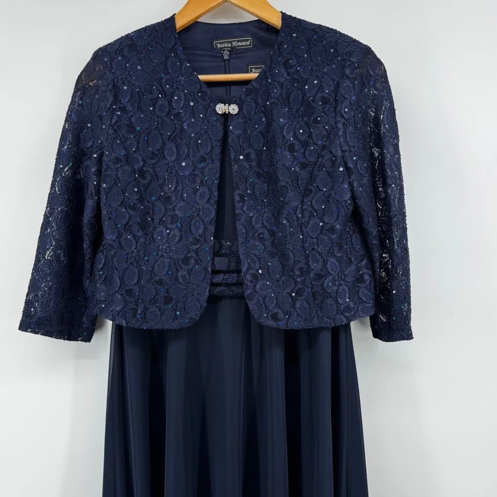 Jessica Howard Navy Blue Sequin Lace Dress/Jacket Set 6P Formal Evening Wedding